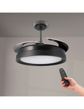 Ventilatore da soffitto LM8819 nero con pale a scomparsa, luce LED integrata e telecomando in ambiente moderno