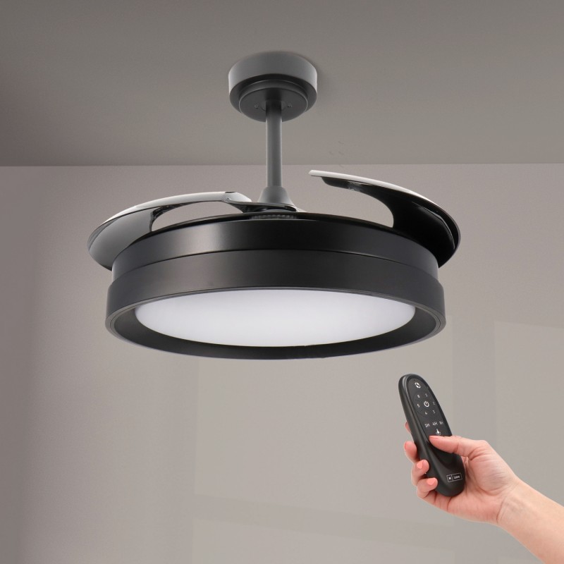 Ventilatore da soffitto LM8819 nero con pale a scomparsa, luce LED integrata e telecomando in ambiente moderno Ventilatore da soffitto LM8819 nero con pale a scomparsa, luce LED integrata e telecomando in ambiente moderno