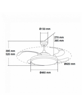 Schema tecnico con dimensioni del ventilatore da soffitto LM8819 nero, con pale a scomparsa e luce LED