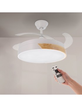 Ventilatore da soffitto LM8094 bianco con pale a scomparsa, luce LED e telecomando in primo piano.