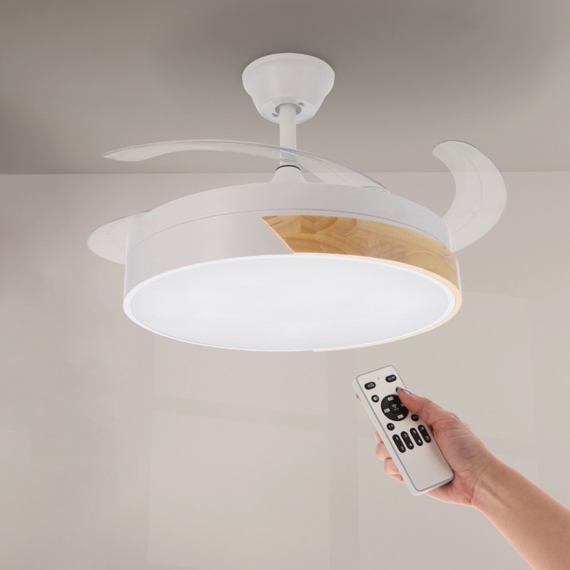 Ventilatore da soffitto LM8094 bianco con pale a scomparsa, luce LED e telecomando in primo piano. Ventilatore da soffitto LM8094 bianco con pale a scomparsa, luce LED e telecomando in primo piano.