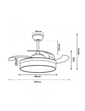 Disegno tecnico con le dimensioni del ventilatore da soffitto LM8094.
