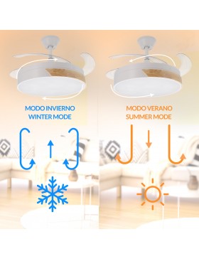 Ventilatore da soffitto LM8094 con funzione modalità inverno ed estate per ottimizzazione del clima.