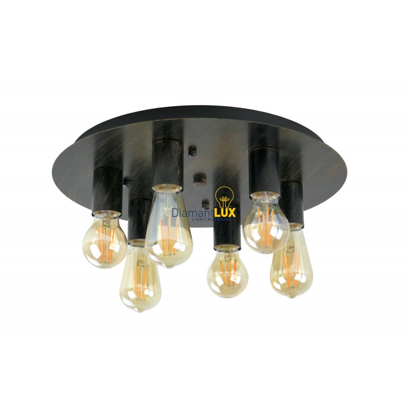 plafoniera vintage industrial CLOE P6 nero oro 6 luci E27 Diamantlux plafoniera vintage industrial CLOE P6 nero oro 6 luci E27 Diamantlux