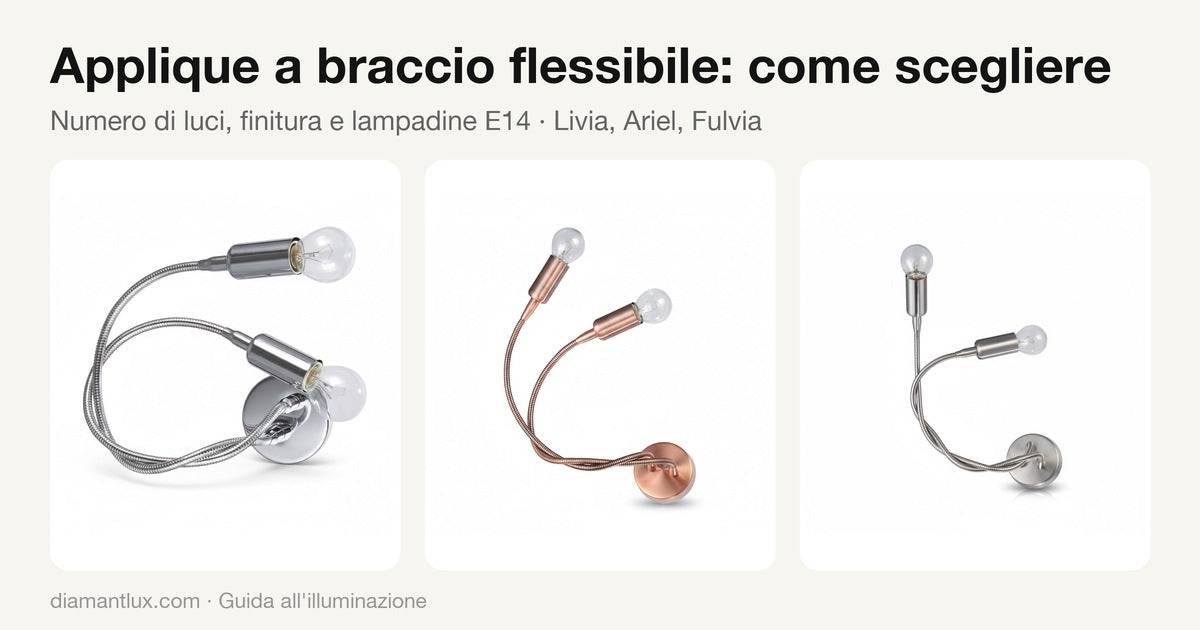 Applique a braccio flessibile Livia, Ariel e Fulvia in cromato, rame e nickel satinato
