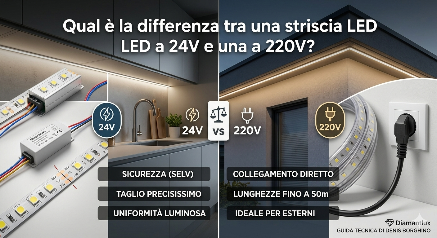 Infografica comparativa tra strisce LED a 24V per interni e 220V per esterni, a cura del progettista Denis Borghino di Diamantlux.