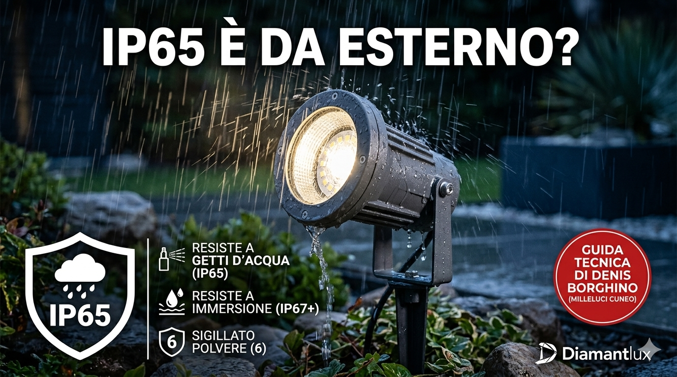 nfografica tecnica sul grado di protezione IP65 per illuminazione esterna, con faretto LED sotto la pioggia. Guida a cura di Denis Borghino di Milleluci Cuneo.