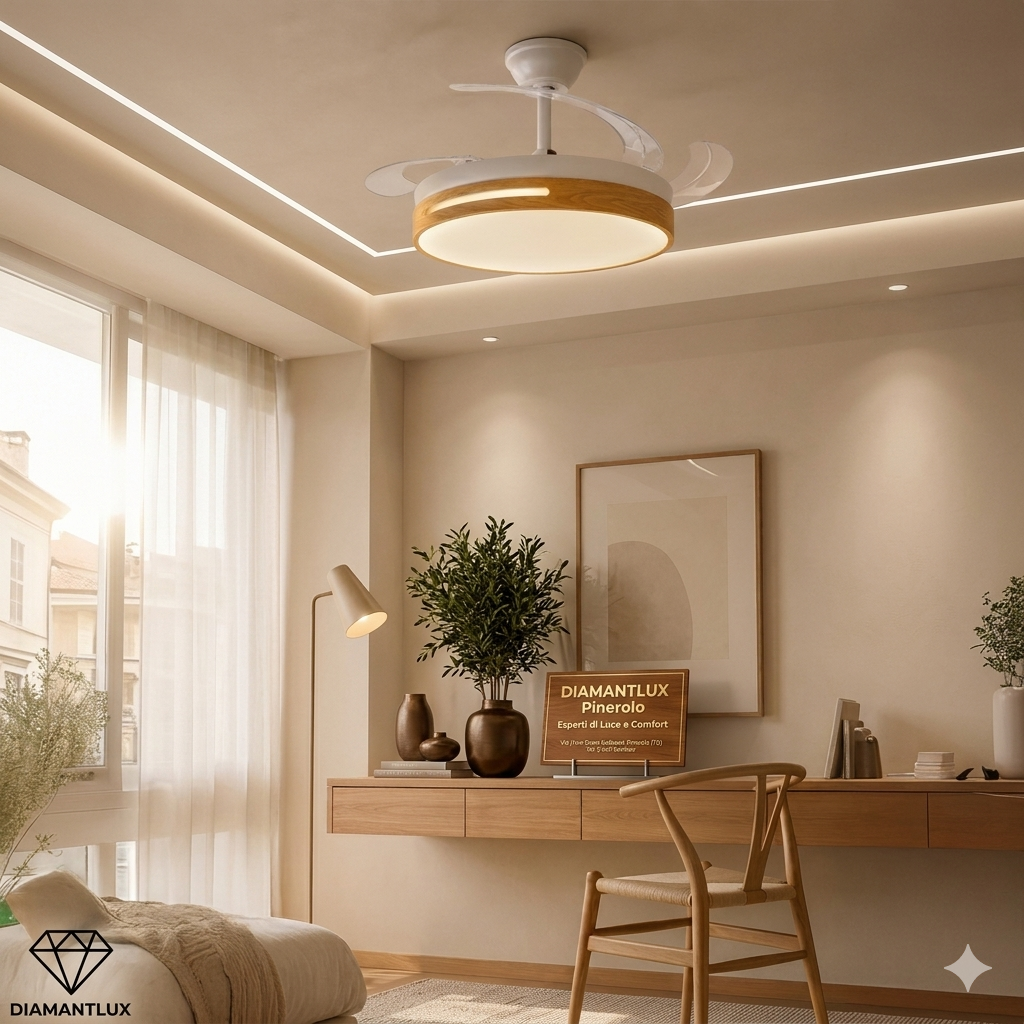 Ventilatore da soffitto con finitura in legno e pale retrattili trasparenti accese, installato in un soggiorno moderno ed elegante con illuminazione a tagli di luce LED. Sullo sfondo, la targa Diamantlux Pinerolo - Esperti di Luce e Comfort.