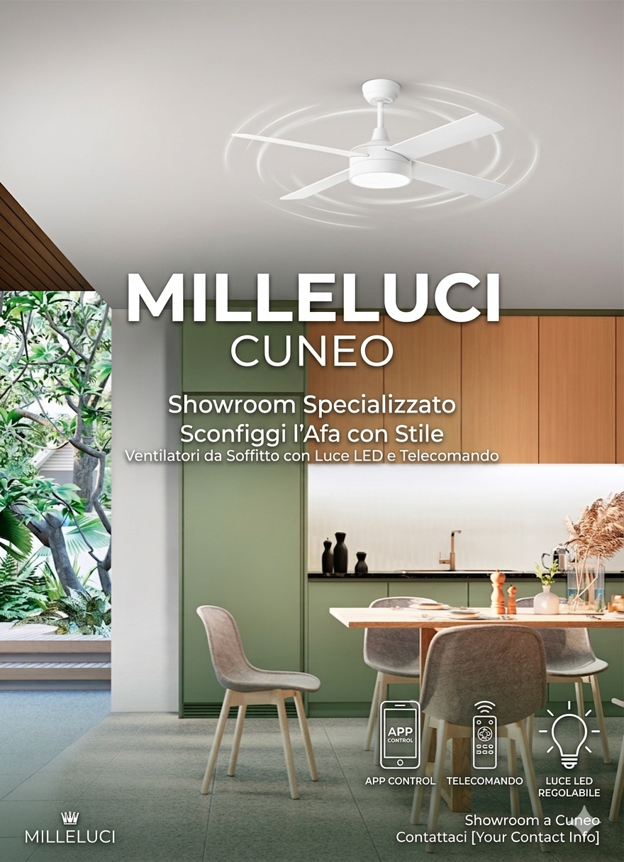 Ventilatore da soffitto bianco a pale retrattili in funzione, comandato tramite smartphone con applicazione e telecomando. Disponibile nello showroom Milleluci a Cuneo.
