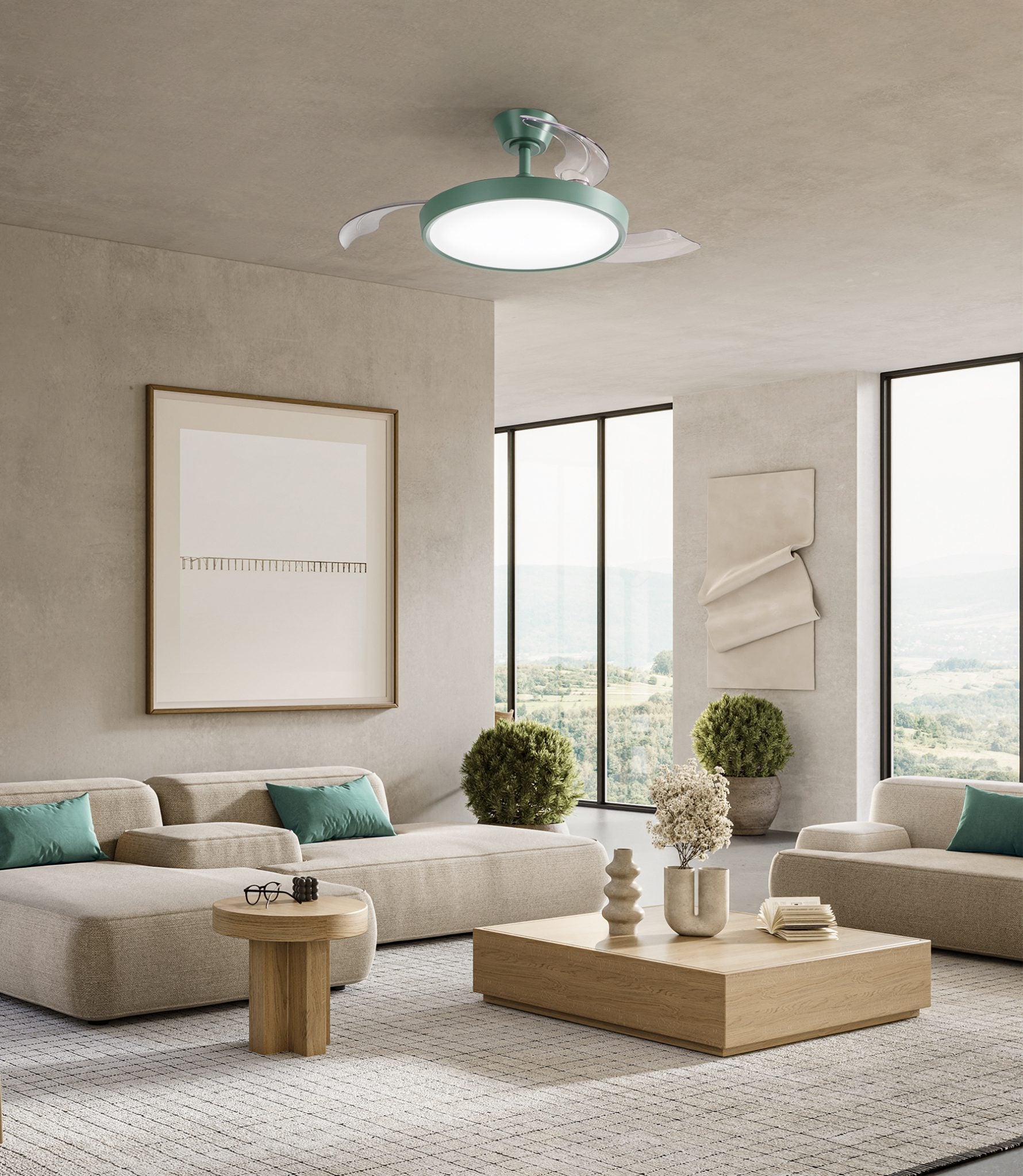 Ventilatore da Soffitto con Pale a Scomparsa, Circolare, Verde, Metallo e Acrilico, Perenz MYRA 7196 VP CT