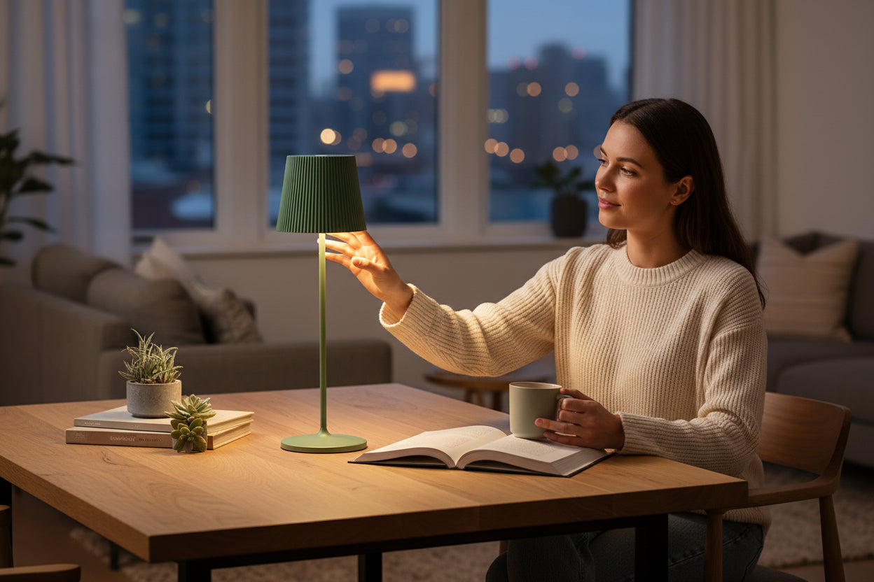 Lampada da tavolo a batteria ricaricabile Verde Salvia - Favolux Plissè