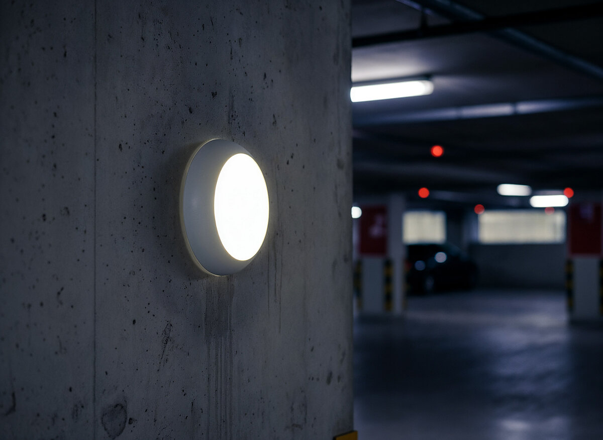Plafoniera LED Tonda Anti-UV IP65 IK10 CCT e Potenza Selezionabili, anche con Sensore e Emergenza – ambientazione