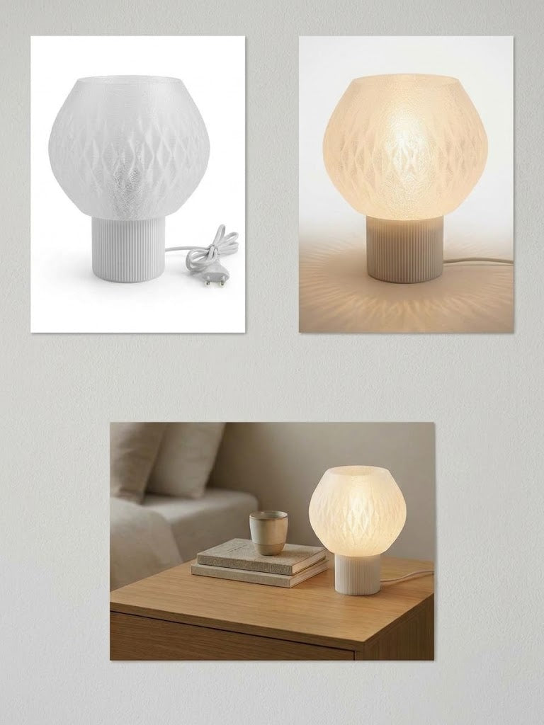 Lampada da tavolo Sferonda stampata in 3D in PETG traslucido con attacco E27, KreoLumo