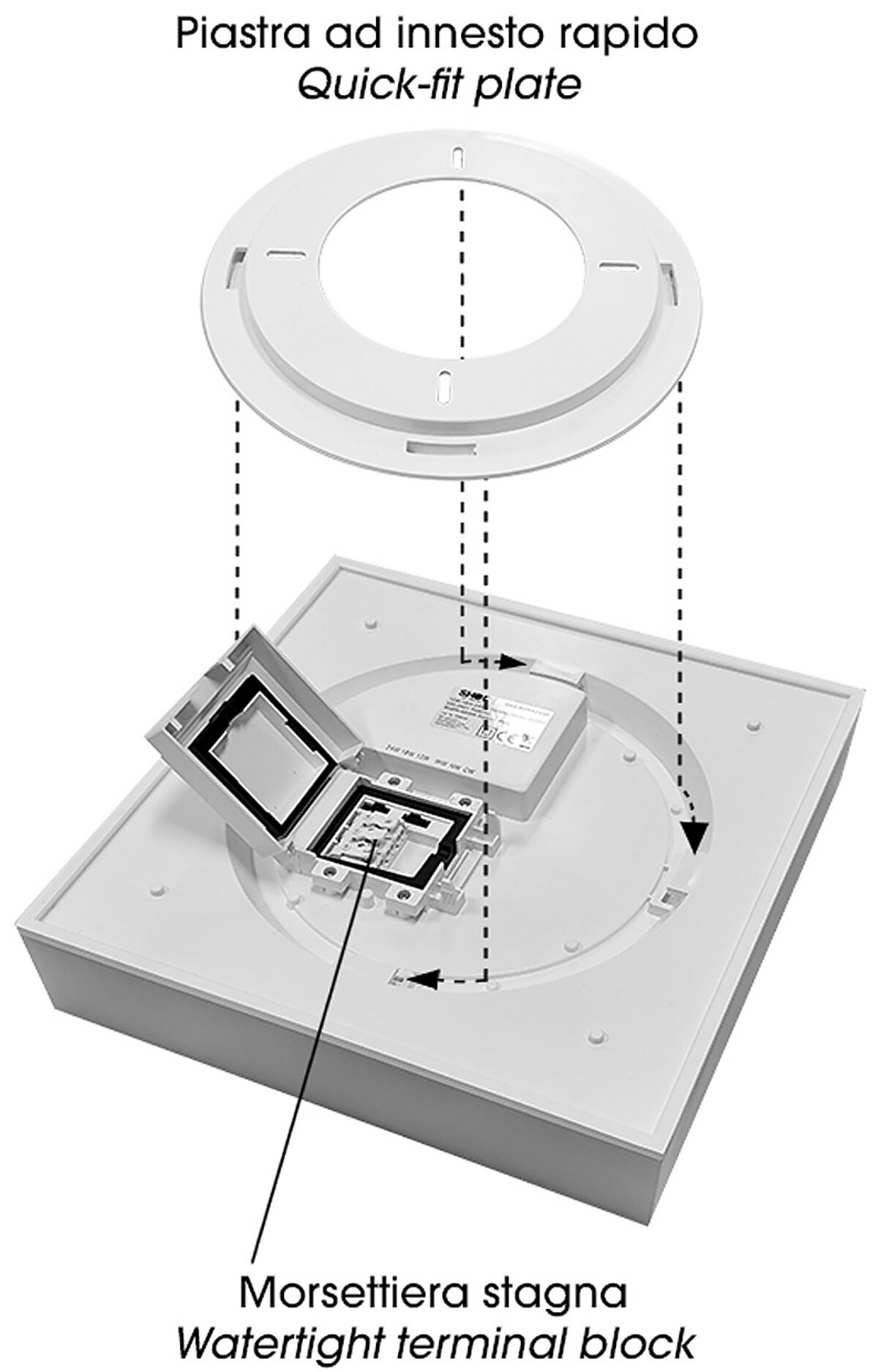 Plafoniera LED Quadrata IP54 CCT e Potenza Selezionabili 12-36W per Esterni e Interni – dettaglio