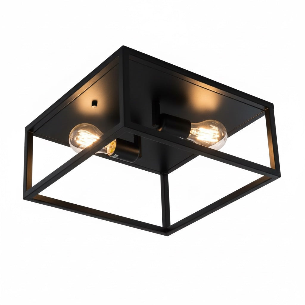 Plafoniera Quadrata Industriale Vintage 2 Luci E27 Nera Diamantlux ALESSIA PL2