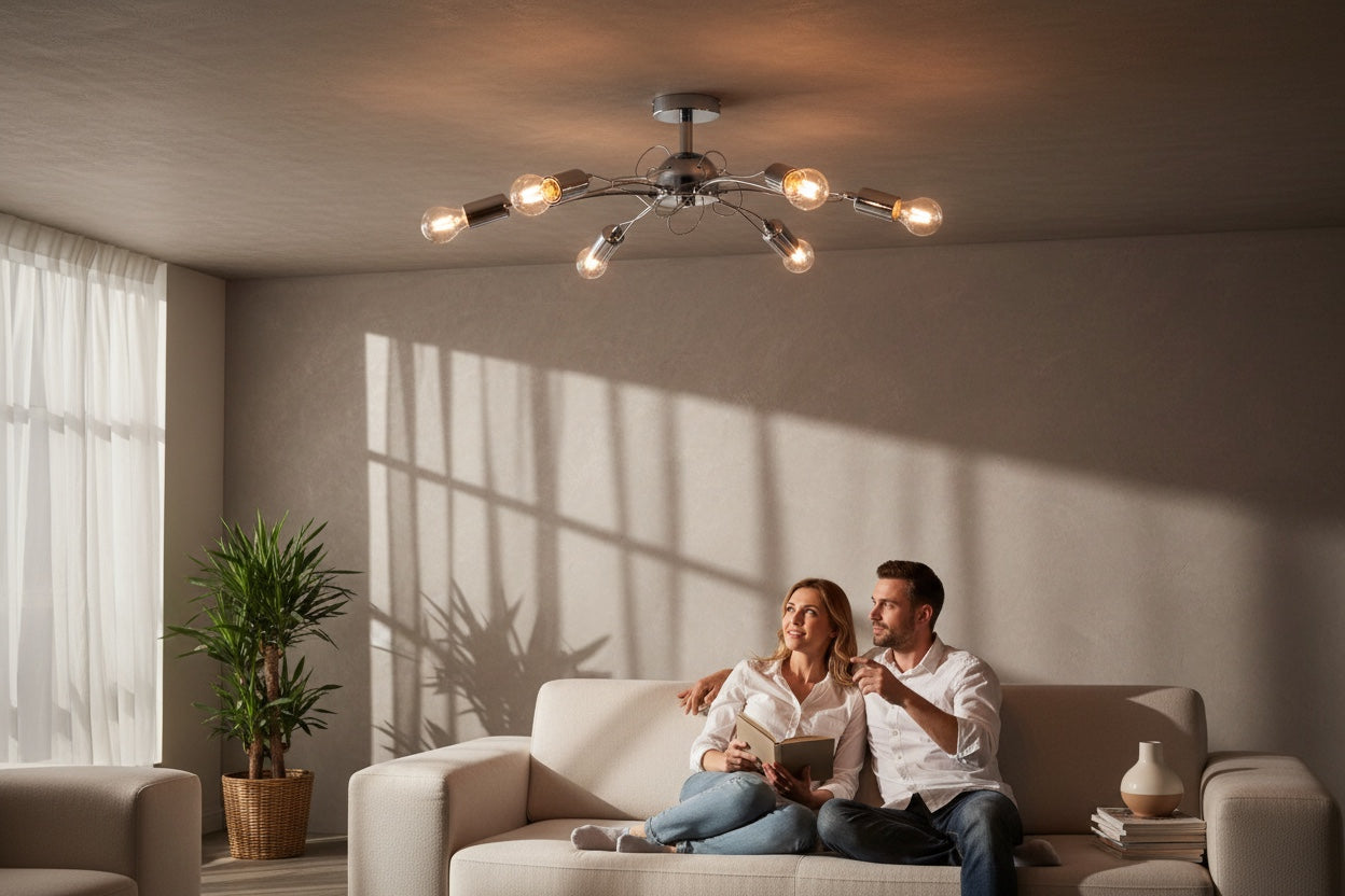 Lampadario Plafoniera Cromo 6 Luci E27 Design Moderno Diamantlux AUSTIN P6C