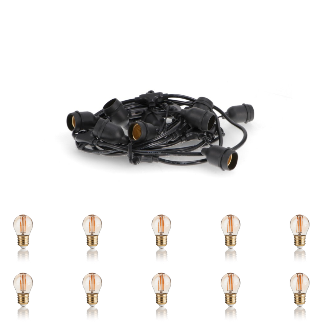 Catena Luminosa da Esterno Professionale 10 Metri IP65 con 10 Lampadine Sfera G45 Vetro Ambrato Filamento LED 4W – Stellario