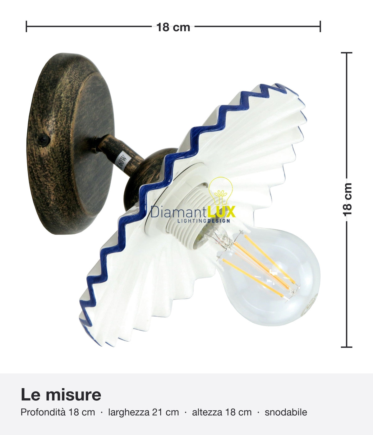 Misure applique snodabile GEMMA-A: profondità 18 cm, larghezza 21 cm, altezza 18 cm