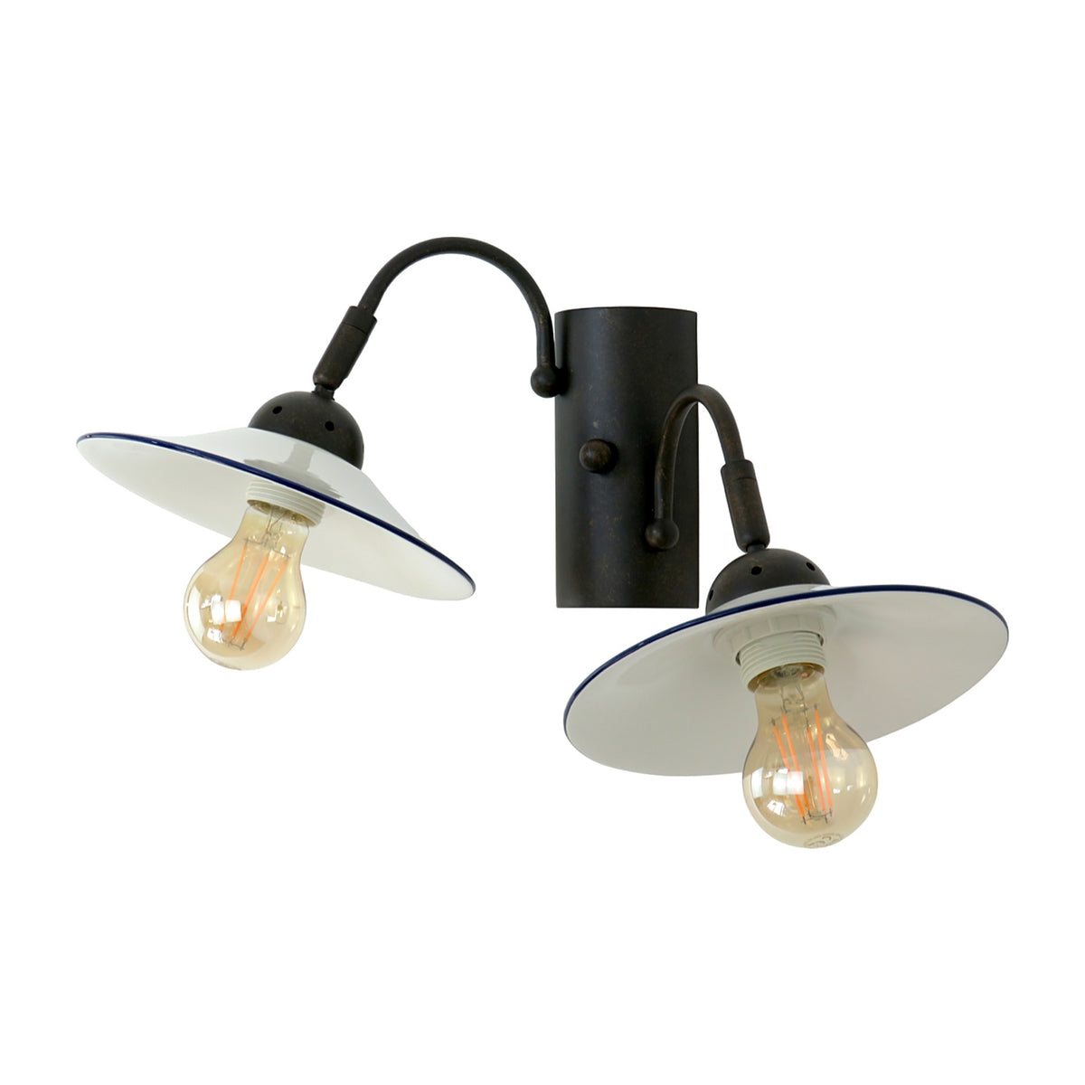 Applique a 2 luci PALIO-A2 con paralumi in ceramica bianca bordo blu, su sfondo bianco – Diamantlux