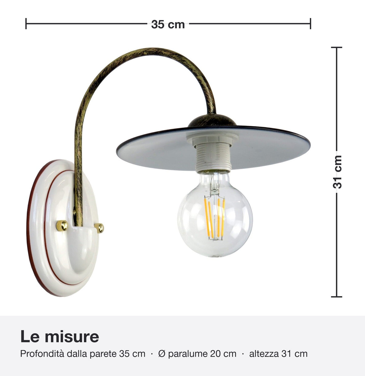 Misure applique BIBI2-A: profondità dalla parete 35 cm, diametro paralume 20 cm, altezza 31 cm