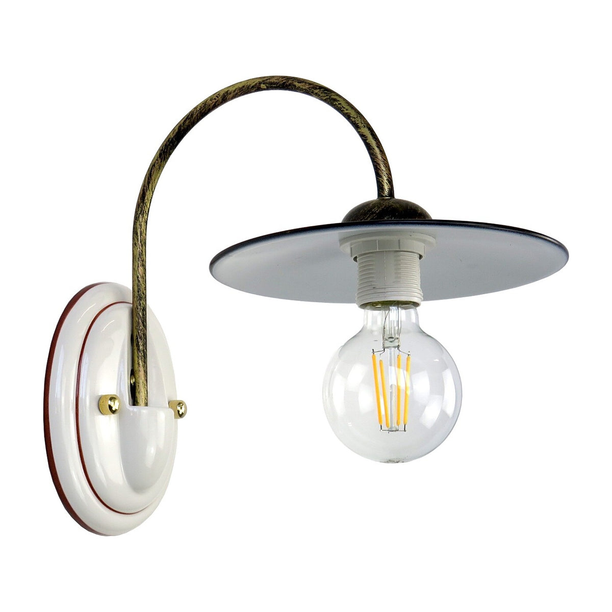 Applique BIBI2-A su sfondo bianco: base ovale in ceramica con decoro marrone, braccio curvo e paralume in metallo nero oro, attacco E27
