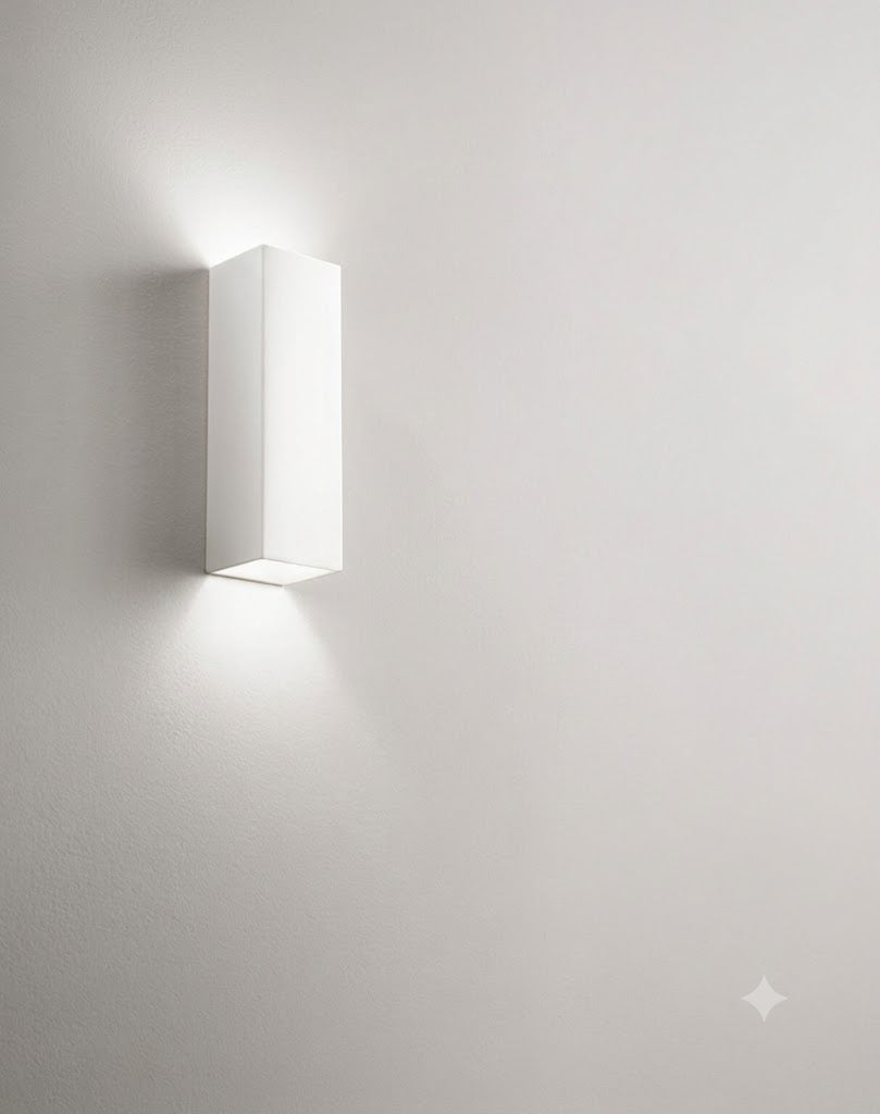 Dettaglio applique da parete squadrata in ceramica tinteggiabile Isyluce 623