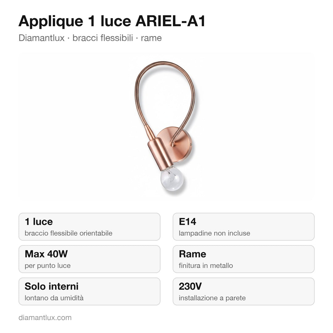 Applique Diamantlux ARIEL-A1 con braccio flessibile in rame: caratteristiche tecniche, E14