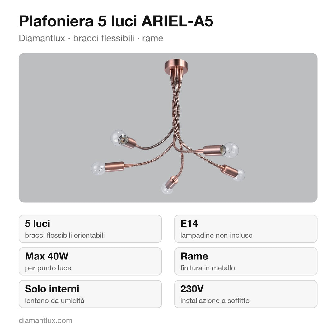 Plafoniera Diamantlux ARIEL-A5 con 5 bracci flessibili in rame: caratteristiche tecniche, E14
