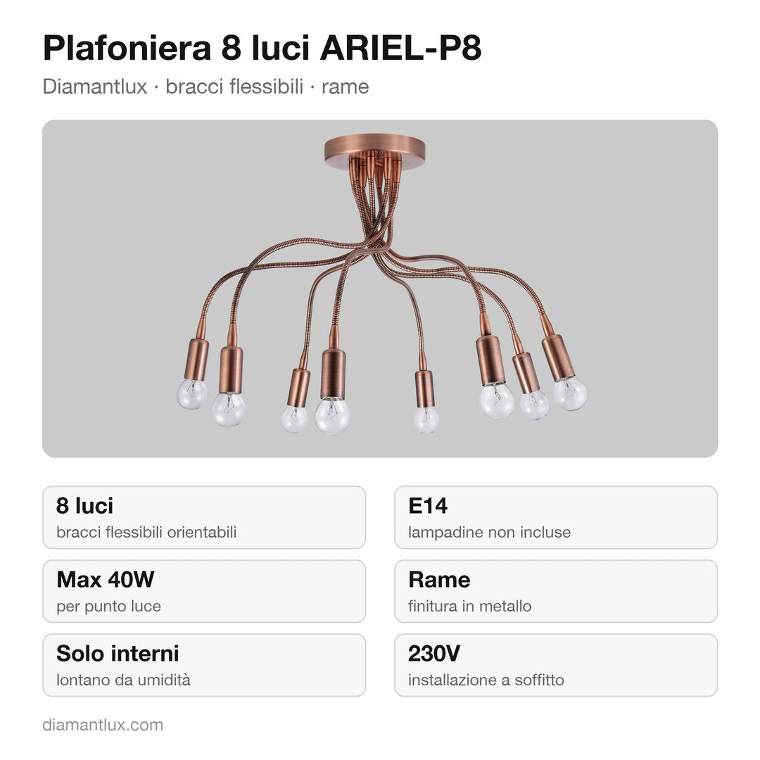 Plafoniera Diamantlux ARIEL-P8 con 8 bracci flessibili in rame: caratteristiche tecniche, E14