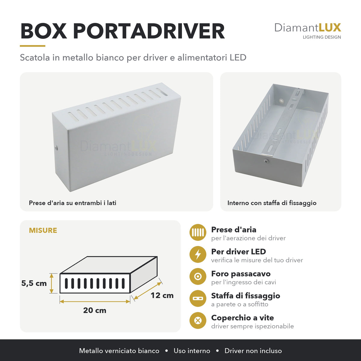 Infografica box portadriver in metallo bianco Diamantlux: misure 20 x 12 x 5,5 cm, prese d'aria, foro passacavo, staffa di fissaggio, coperchio a vite