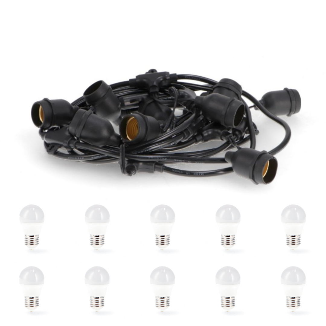 Catena luminosa da esterno 10 metri IP65 Prolungabile con 10 Lampadine Sfera Alta Potenza Catenaria Nero Bianco Gomma Plastica Diamantlux Diamant Lux