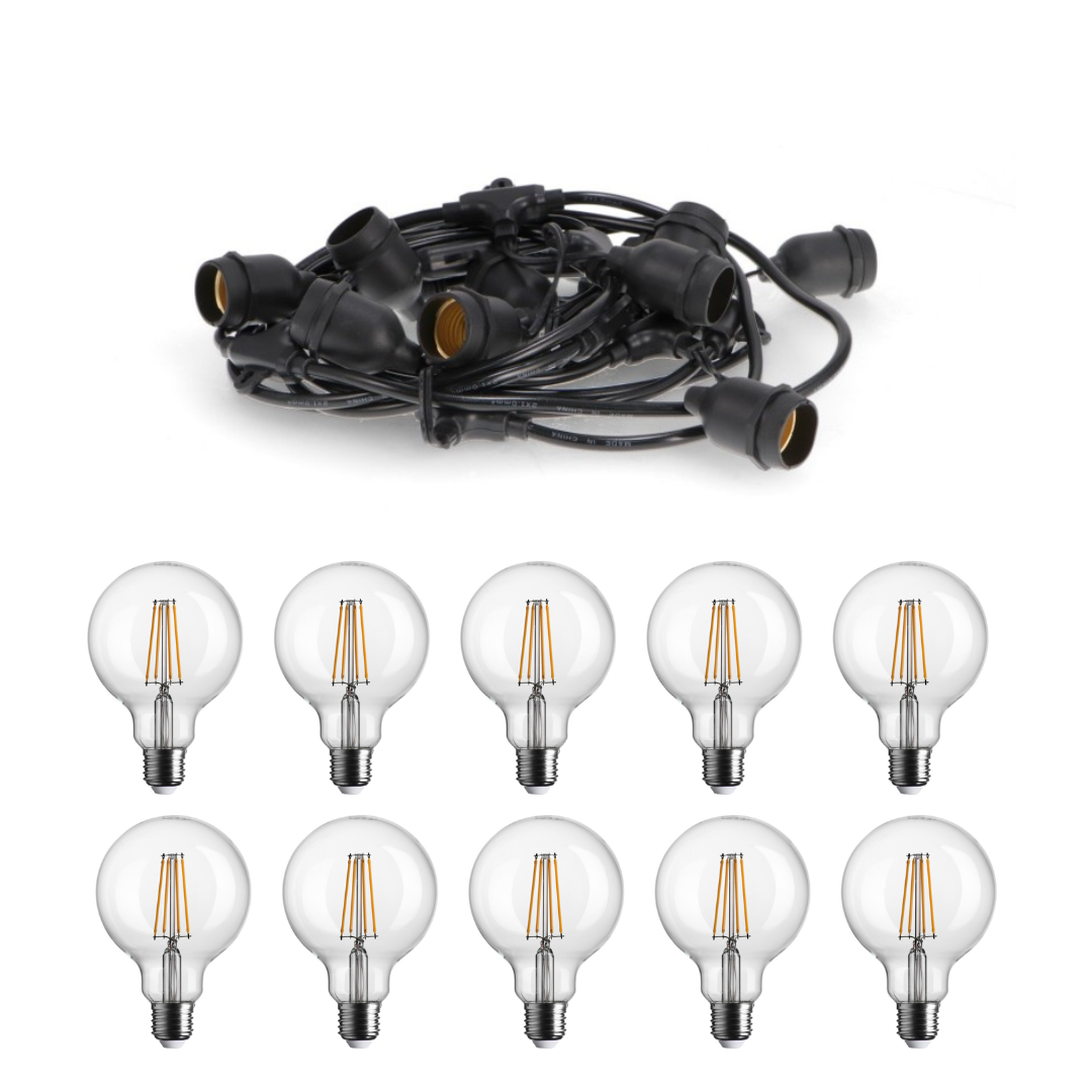 Catena luminosa da esterno 10 metri IP65 Prolungabile con 10 Lampadine Globo G95 Filamento LED Alta Potenza 8.5W Catenaria Nero Trasparente Vetro Diamantlux Diamantlux