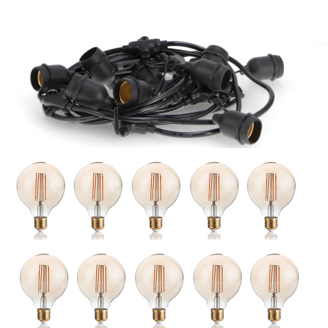 Catena luminosa da esterno 10 metri Stellario IP65 con 10 lampadine Globo G95 in vetro ambrato a filamento LED vintage Diamantlux.