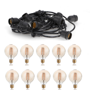 Catena luminosa da esterno 10 metri Stellario IP65 con 10 lampadine Globo G95 in vetro ambrato a filamento LED vintage Diamantlux.