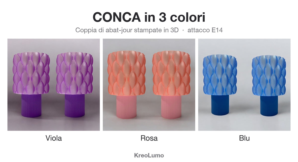 Coppia di abat-jour CONCA KreoLumo nei 3 colori: viola, rosa e blu