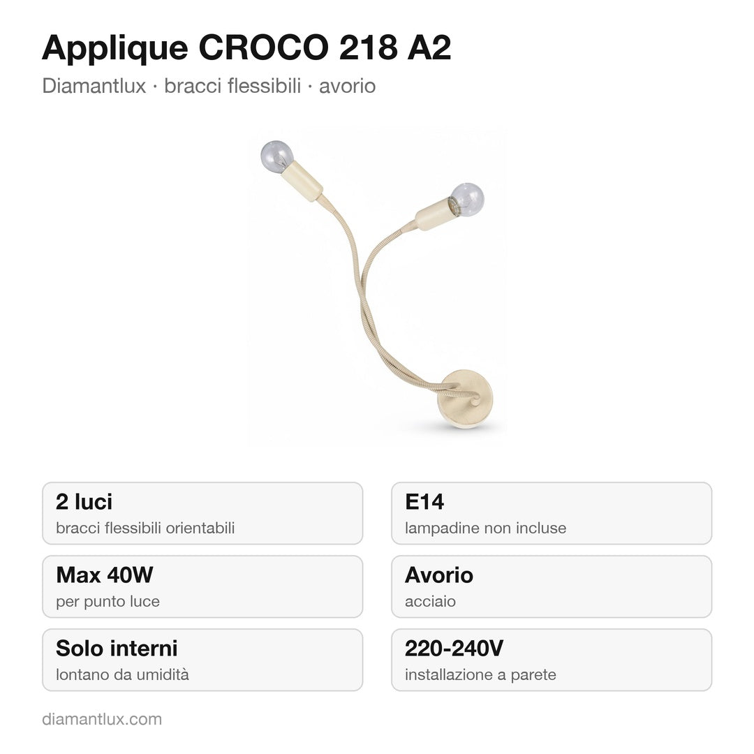 Applique Diamantlux CROCO 218 A2 con 2 bracci flessibili avorio: caratteristiche tecniche, E14