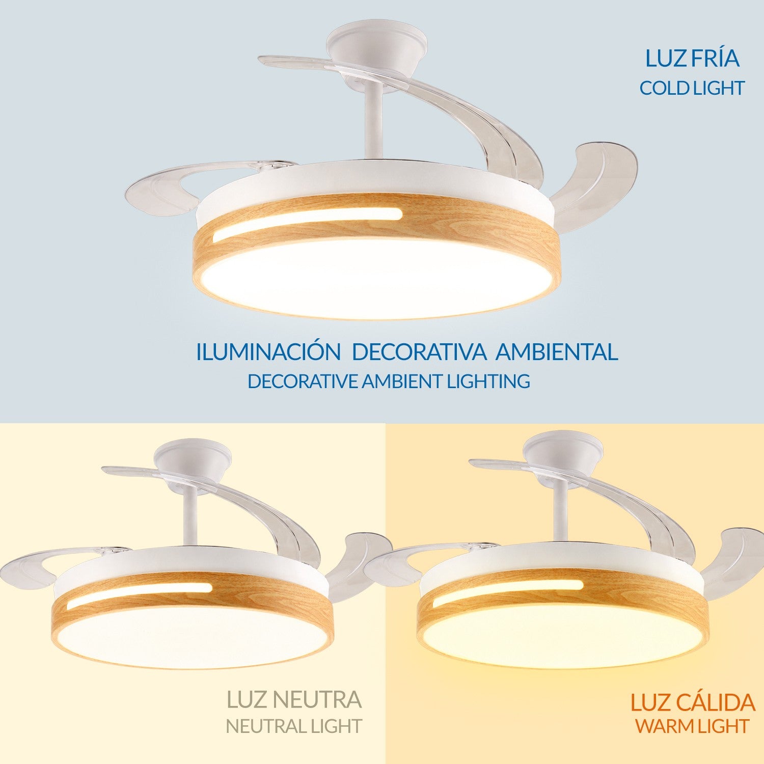 Ventilatore da soffitto, tondo, legno e bianco, policarbonato e alluminio, Diamantlux LM8865 Diamant Lux