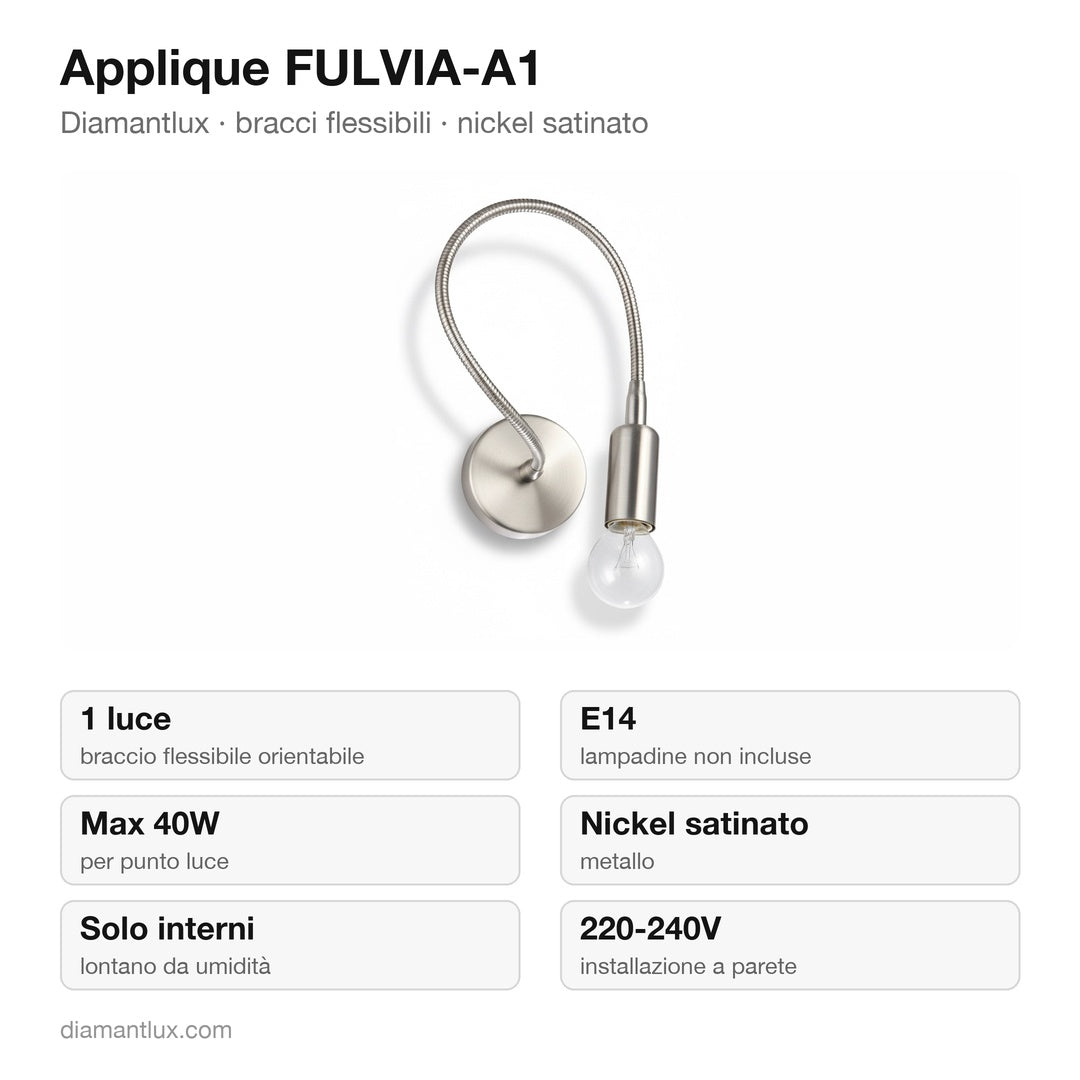 Applique Diamantlux FULVIA-A1 con braccio flessibile nickel satinato: caratteristiche tecniche, E14