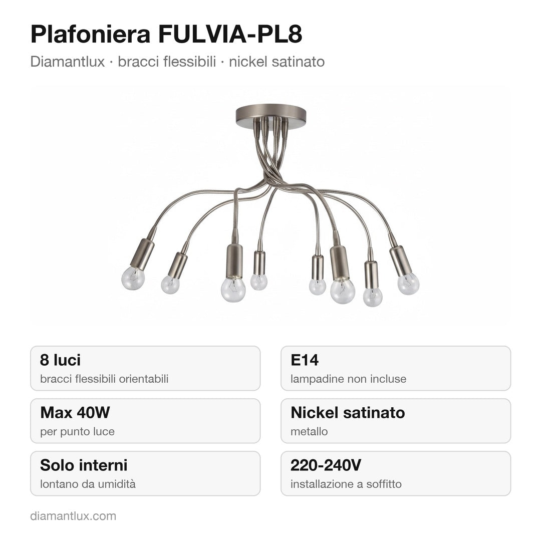Plafoniera Diamantlux FULVIA-PL8 con 8 bracci flessibili nickel satinato: caratteristiche tecniche, E14
