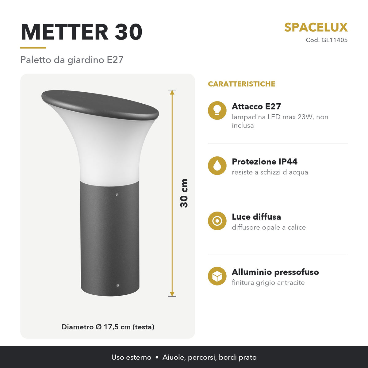 Infografica Paletto da giardino E27 GL11405 Spacelux Metter: caratteristiche e misure