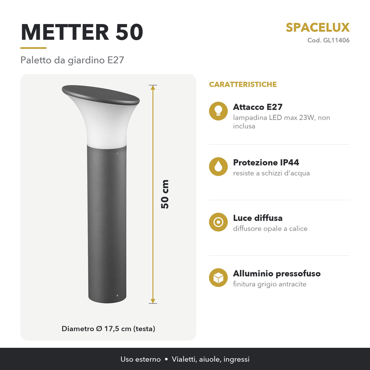 Infografica Paletto da giardino E27 GL11406 Spacelux Metter: caratteristiche e misure