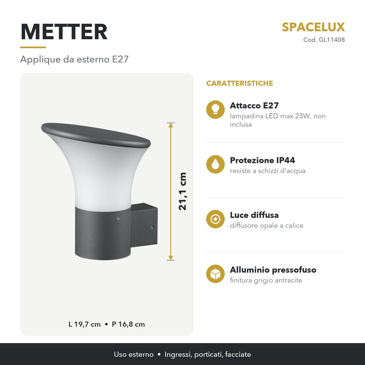 Infografica Applique da esterno E27 GL11408 Spacelux Metter: caratteristiche e misure