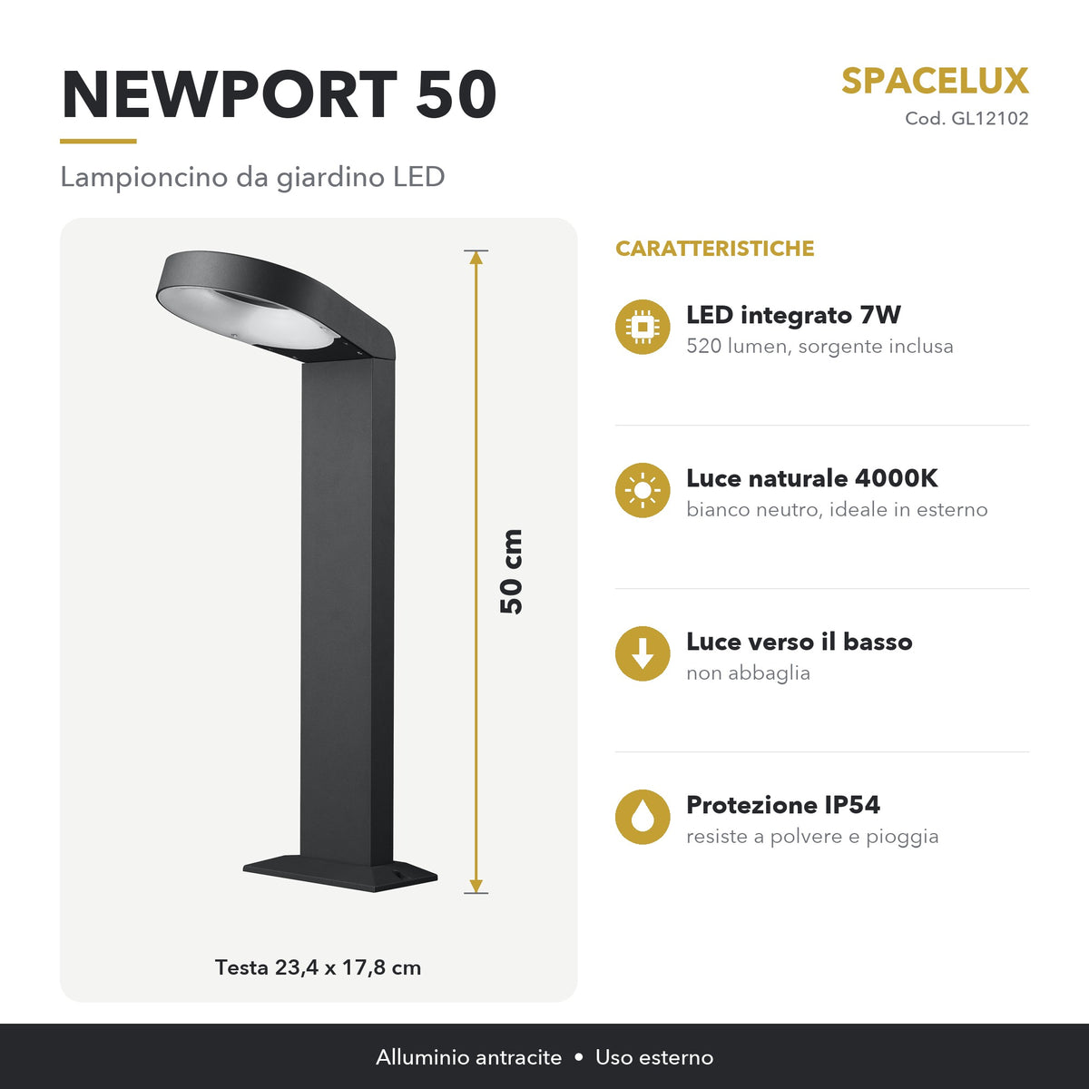 Infografica Lampioncino da giardino LED GL12102 Spacelux: caratteristiche e misure