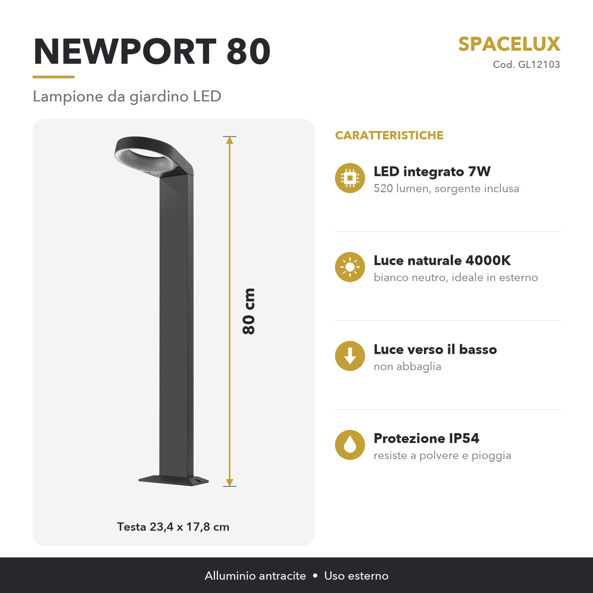 Infografica Lampione da giardino LED GL12103 Spacelux: caratteristiche e misure
