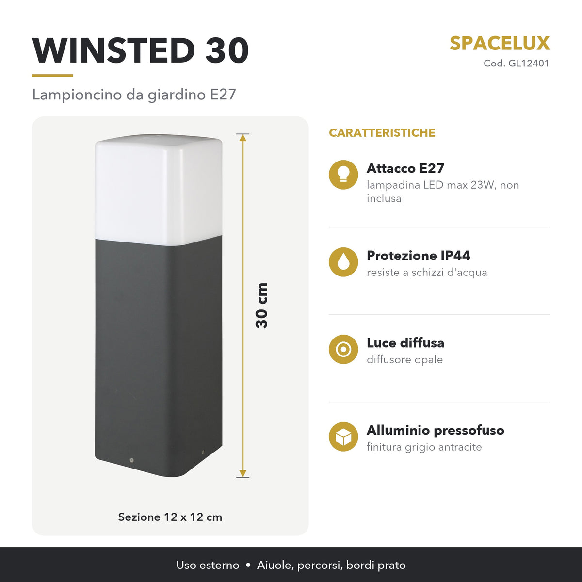 Infografica Lampioncino da giardino E27 GL12401 Spacelux: caratteristiche e misure