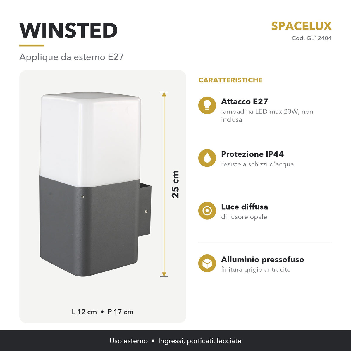 Infografica Applique da esterno E27 GL12404 Spacelux: caratteristiche e misure