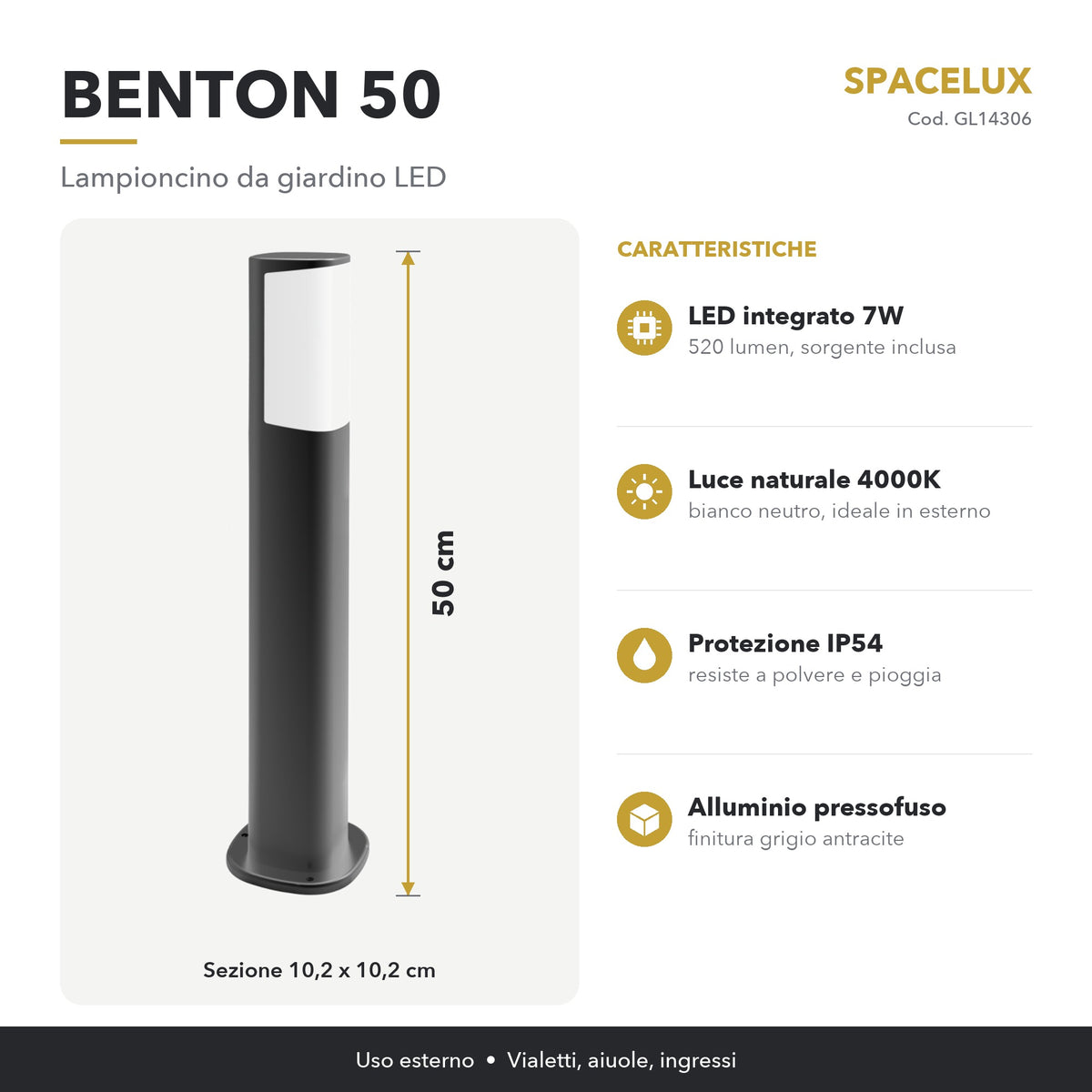 Infografica Lampioncino da giardino LED GL14306 Spacelux: caratteristiche e misure
