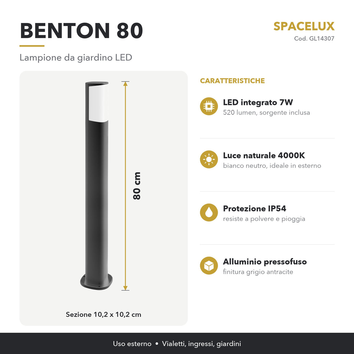 Infografica Lampione da giardino LED GL14307 Spacelux: caratteristiche e misure