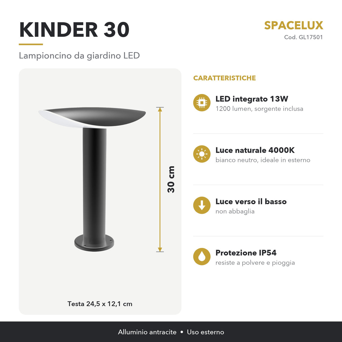 Infografica Lampioncino da giardino LED GL17501 Spacelux: caratteristiche e misure