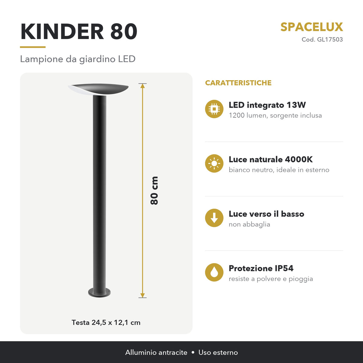 Infografica Lampione da giardino LED GL17503 Spacelux: caratteristiche e misure